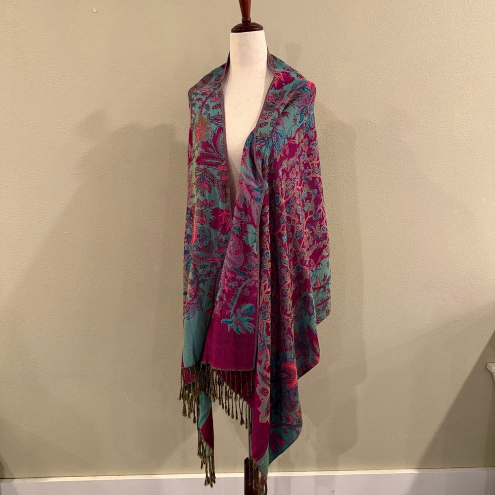 Pashmina Floral Scarf Wrap Women OS Teal Magenta Paisley Fringe Boho Shawl 72x27